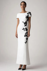 Appliqued White Sheath Long Formal Dress with Short Sleeves