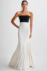 Black and White Mermaid Satin Strapless Long Formal Dress