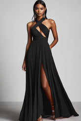 Black A Line Pleated Halter Neck Long Formal Dress with Slit