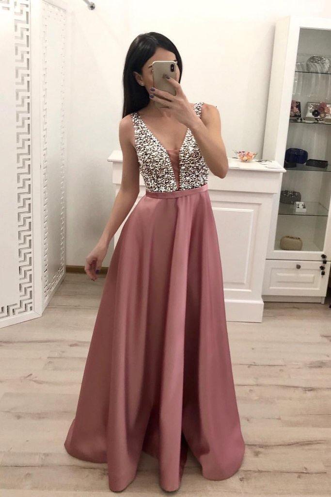 A Line Beading Satin Prom Dresses V Neck Sleeveless Prom Dress PG872