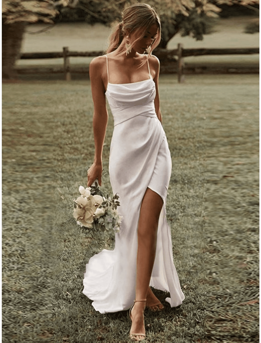 Beach Sexy Casual Wedding Dresses Sweep / Brush Train Sheath / Column Sleeveless Square Spaghetti Strap Stretch Fabric With Ruched Split Front – Nightbubo