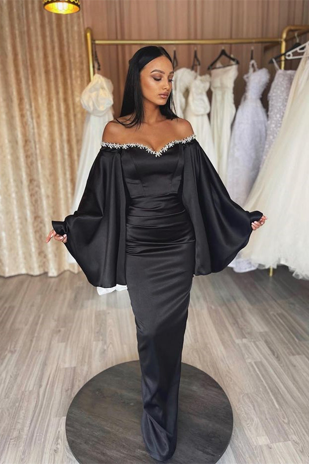 Gorgeous Black Long Sleeves Mermaid Off the Shoulder Satin Evening Dress