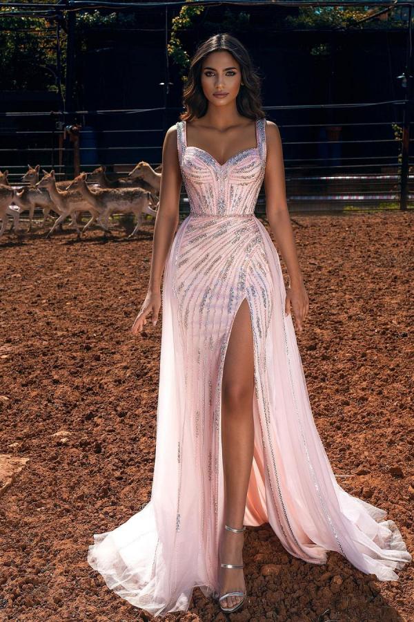 Unique Long A-Line Sweetheart Tulle Beads Prom Dress with Slit