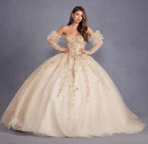 Ballkleid mit 3D-Blumenmuster und Puffärmeln von Juliet JT1465H