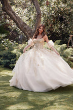 Vestido de baile com mangas abalonadas e estampado floral 3D da Juliet JT1465H