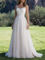 Robe de mariée simple en tulle ivoire sans manches, décolleté en V, ligne A avec dentelle, WD0506