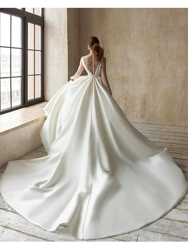 Schlichtes Brautkleid mit hohem Halsausschnitt, Satin-Tüllspitze und langen Ärmeln und Schleife, WD0516