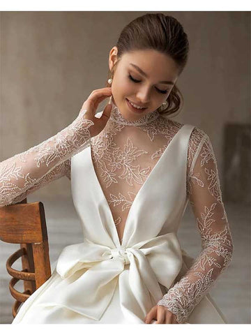 Schlichtes Brautkleid mit hohem Halsausschnitt, Satin-Tüllspitze und langen Ärmeln und Schleife, WD0516