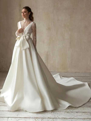 Schlichtes Brautkleid mit hohem Halsausschnitt, Satin-Tüllspitze und langen Ärmeln und Schleife, WD0516