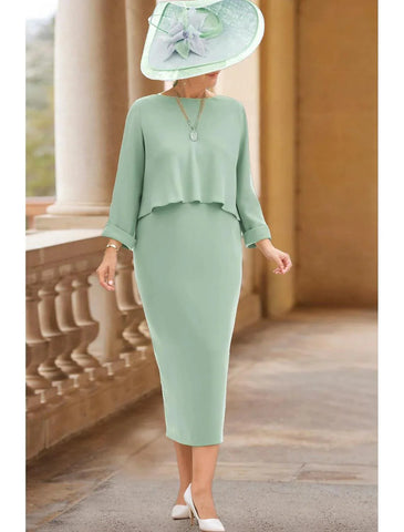 Elegantes Kleid für die Brautmutter mit Rundhalsausschnitt und knielangem Stretchstoff, 3/4-Ärmel und Falten
