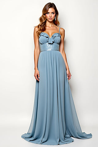 A-Linie Staubblau Spaghettiträger Chiffon Hochzeitsgastkleid
