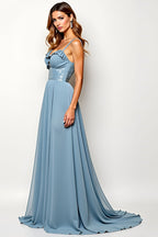 A Line Dusty Blue Spaghetti Straps Chiffon Wedding Guest Dress