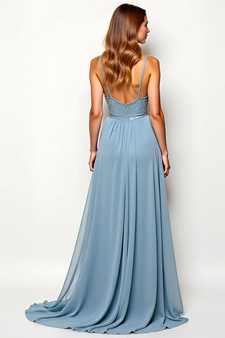 A-Linie Staubblau Spaghettiträger Chiffon Hochzeitsgastkleid
