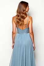 A Line Dusty Blue Spaghetti Straps Chiffon Wedding Guest Dress