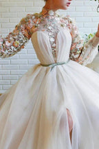 White Long Sleeves A-line High Neck Tulle Flower Mermaid Prom Dresses with Slit by BIZTUNNEL