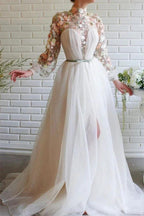 White Long Sleeves A-line High Neck Tulle Flower Mermaid Prom Dresses with Slit by BIZTUNNEL
