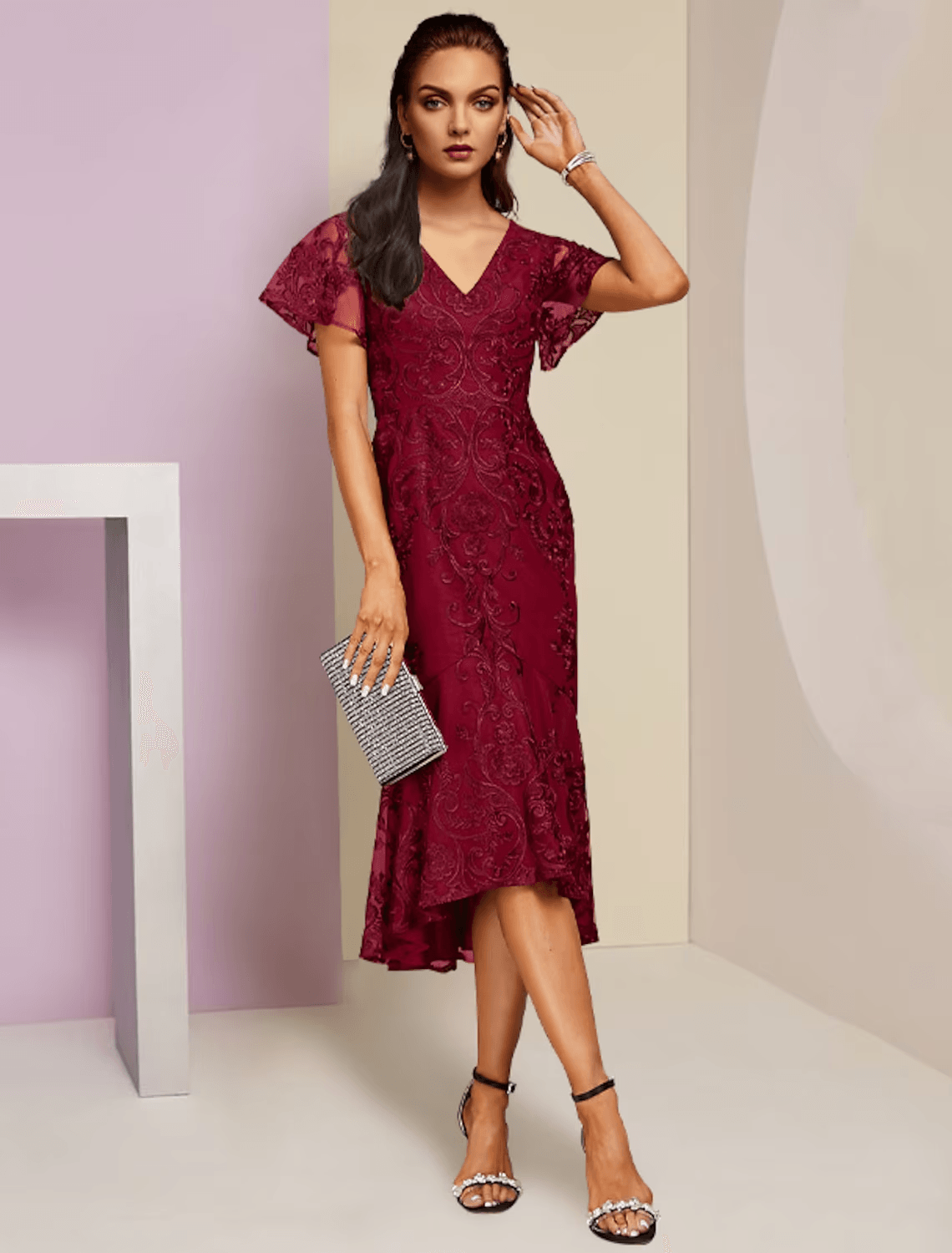 Vestido tubinho/coluna para mãe da noiva, festa de casamento, elegante, decote em V, comprimento chá, renda, manga curta com pregas, cor sólida