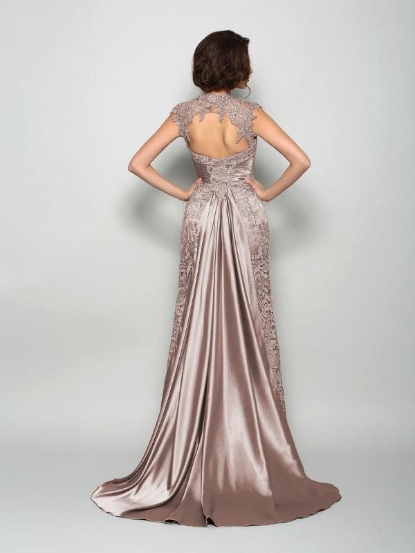 Vestidos para Mãe da Noiva Linha A Princesa Gola Alta Sem Mangas Longo Cetim