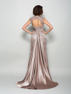 Vestidos para Mãe da Noiva Linha A Princesa Gola Alta Sem Mangas Longo Cetim