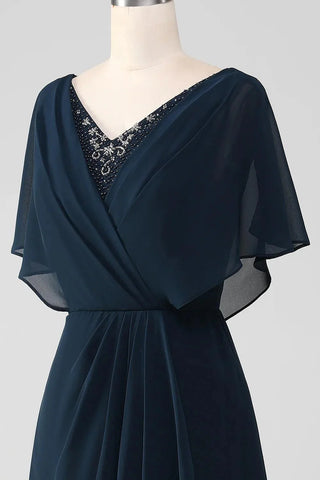 Kleid für die Brautmutter, asymmetrisch, Pailletten, Chiffon, mit Perlen