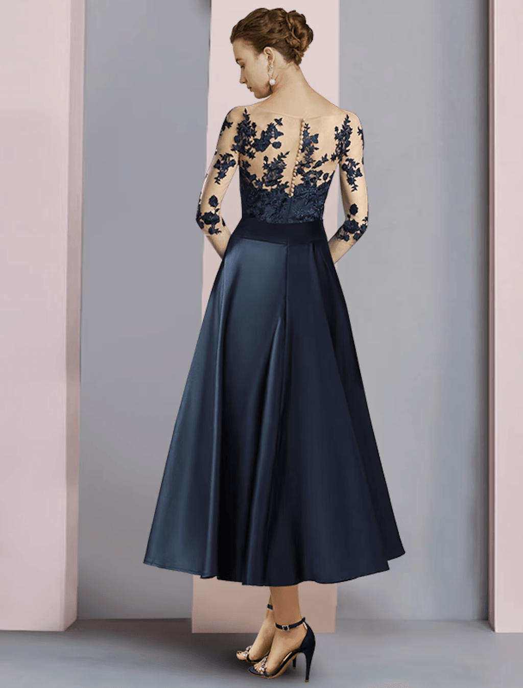 Etuikleid/Säulenkleid für die Brautmutter, Partykleid, elegant, U-Ausschnitt, knöchellang, Satin, Spitze, halbe Ärmel, mit Schleife(n), Falten
