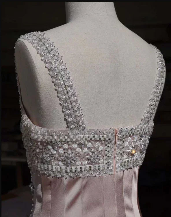 Robe de bal satin nude luxueuse à perles diamant main Y4542