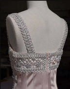 Robe de bal satin nude luxueuse à perles diamant main Y4542