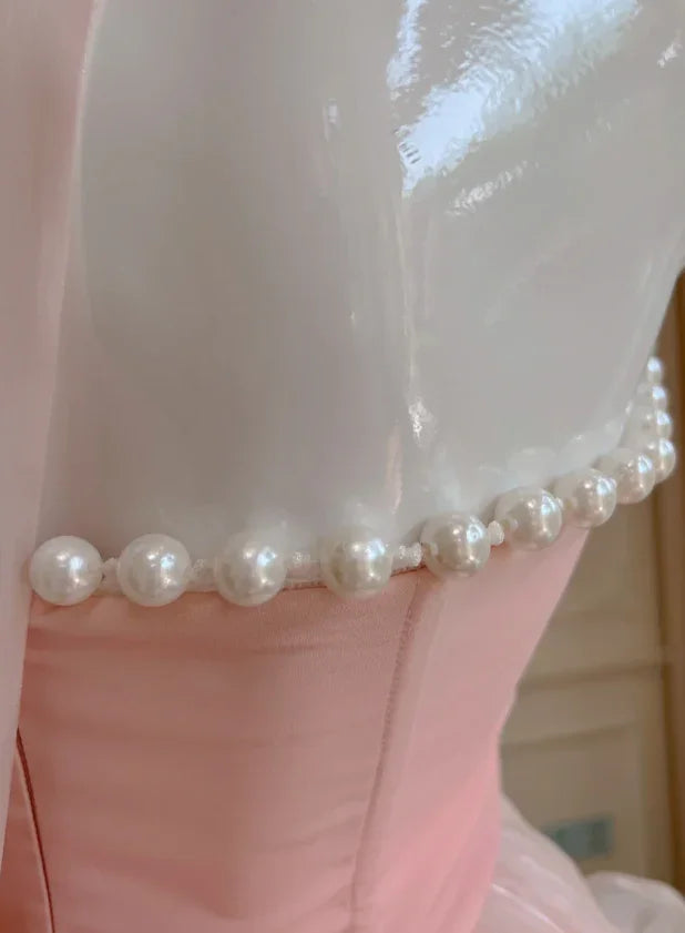 Einfaches Homecoming-/Partykleid mit Halter, rosa Tüll, Perlenbesatz, High-Low-Rüschen Y8582