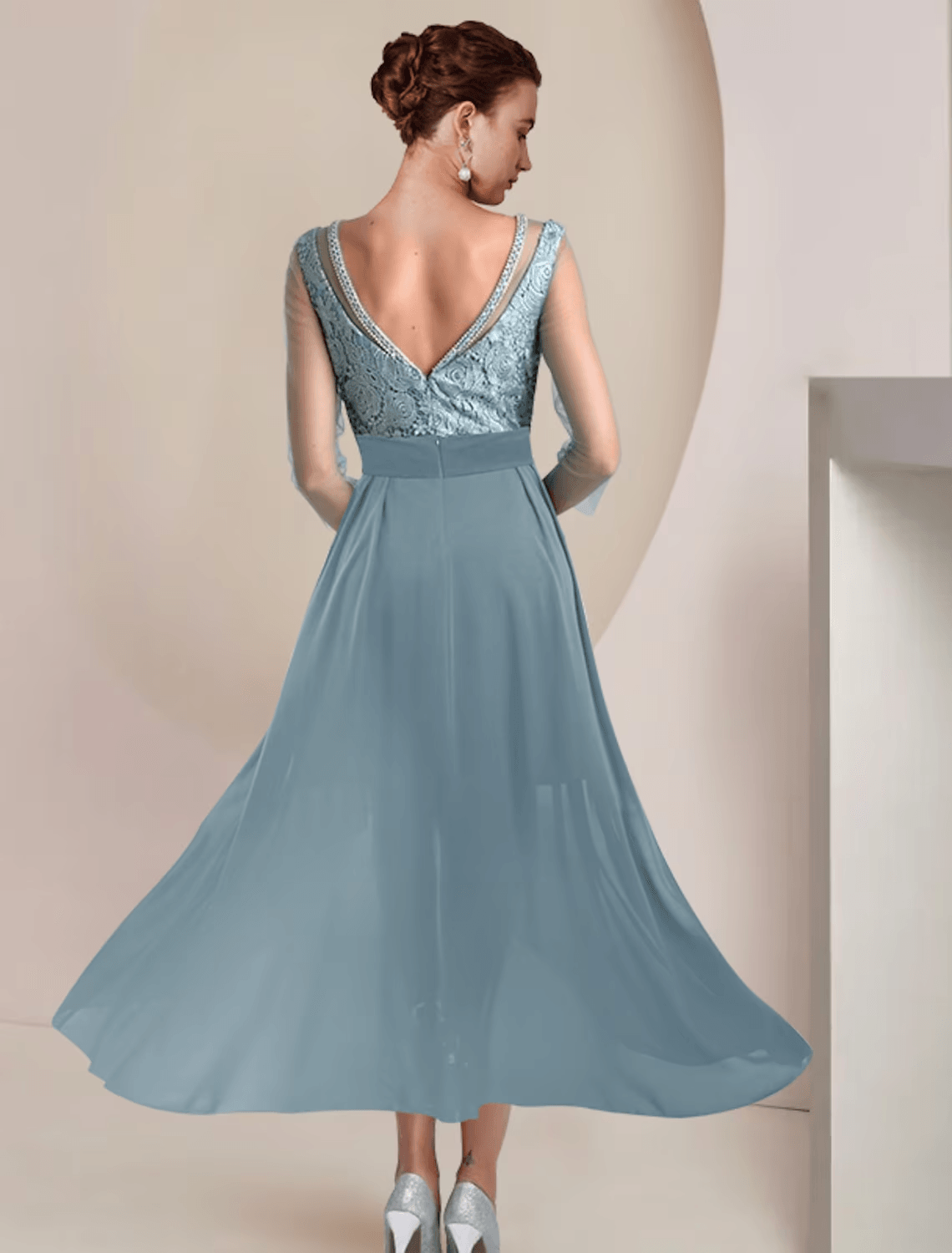 Vestido de mãe da noiva de duas peças, estilo coluna, formal, para casamento, vintage, elegante, com decote em joia, comprimento chá, comprimento até ao joelho, chiffon, renda, manga 3/4 com aplicações de missangas