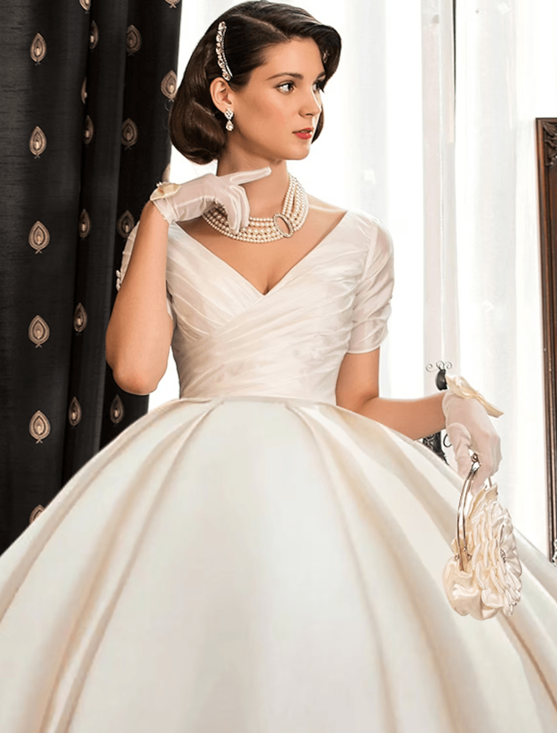Engagement Formal Wedding Dresses Court Train Ball Gown Short Sleeve V Neck Satin With Ruched Solid Color