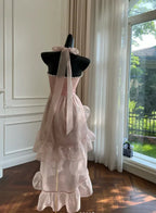 Einfaches Homecoming-/Partykleid mit Halter, rosa Tüll, Perlenbesatz, High-Low-Rüschen Y8582