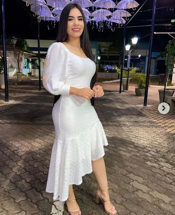 Weißes Partykleid mit langen Ärmeln Weißes Heimkehrballkleid Y6833