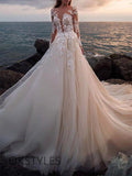 Splendido Abito da Sposa Bianco A-line con Maniche Lunghe a Illusione e Applique Online, WD0523