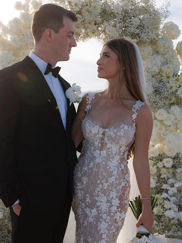 Gorgeous Straps Mermaid Applique White Wedding Dress with Trailing, WD0524