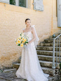 Vestido de novia de tul con aplicaciones, línea A, tirantes delgados y lazo precioso, WD0527