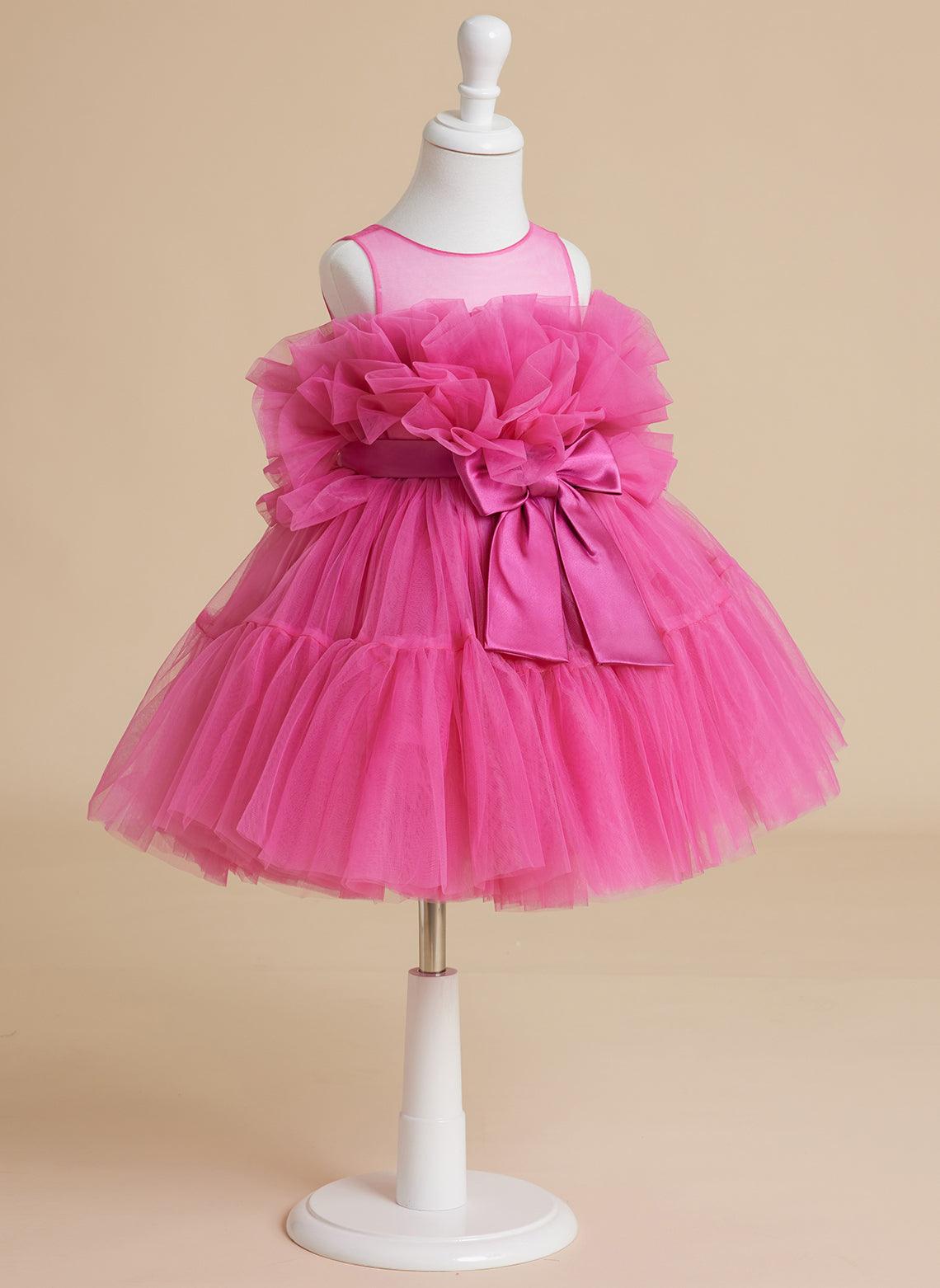 Enchanting Pink Princess Sleeveless Tulle Flower Girl Dress with Bow Accent (010224355)