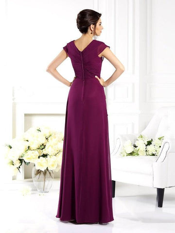 Kleider für die Brautmutter A-Linie V-Ausschnitt Kurze Ärmel Lang Chiffon