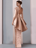 Vestido tubinho/coluna para mãe da noiva, festa de casamento, elegante, decote em V, comprimento até ao chão, cetim, renda, manga 3/4, com aplicações, folhos em cascata, flores