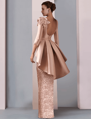 Sheath / Column Mother of the Bride Dress Wedding Guest Party Elegant V Neck Floor Length Satin Lace 3/4 Length Sleeve with Appliques Cascading Ruffles Flower