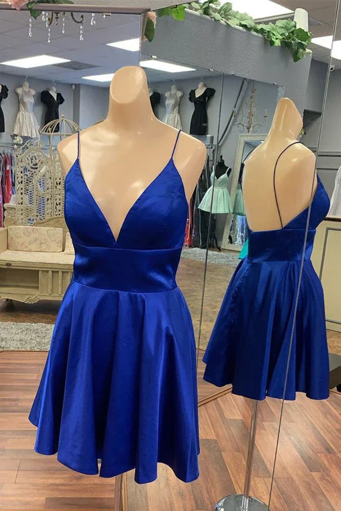Royalblau Satin Homecoming Kleider Rückenfreies Einfaches Kurzes Prom Kleid