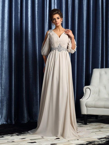 Kleider für die Brautmutter A-Linie V-Ausschnitt Perlenbesatz 1/2 Ärmel Lang Chiffon