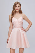 Pinkes V-Ausschnitt-Spaghettiträger-A-Line-Lace-Up-Kurz-Kleid für Homecoming