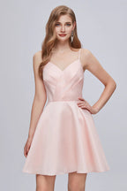 Pinkes V-Ausschnitt-Spaghettiträger-A-Line-Lace-Up-Kurz-Kleid für Homecoming