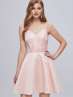 Pinkes V-Ausschnitt-Spaghettiträger-A-Line-Lace-Up-Kurz-Kleid für Homecoming