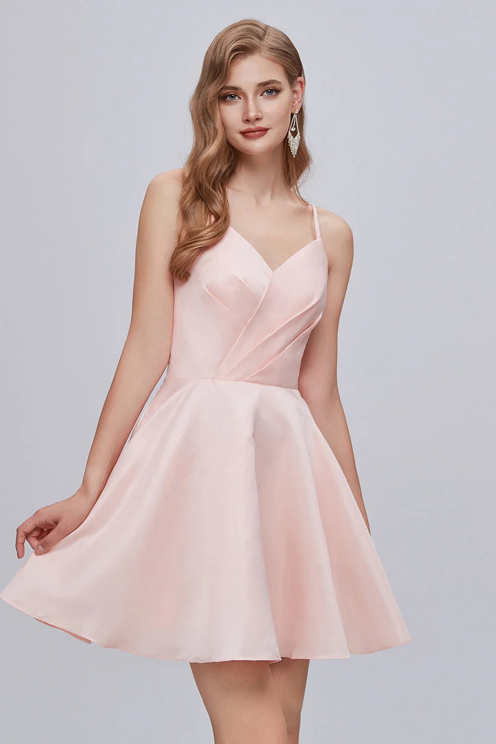 Pinkes V-Ausschnitt-Spaghettiträger-A-Line-Lace-Up-Kurz-Kleid für Homecoming