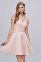 Pinkes V-Ausschnitt-Spaghettiträger-A-Line-Lace-Up-Kurz-Kleid für Homecoming