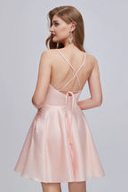 Pinkes V-Ausschnitt-Spaghettiträger-A-Line-Lace-Up-Kurz-Kleid für Homecoming