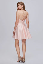 Pinkes V-Ausschnitt-Spaghettiträger-A-Line-Lace-Up-Kurz-Kleid für Homecoming
