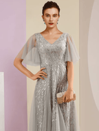 Vestido de festa para mãe da noiva, com brilho e decote em V, comprimento até ao chão, renda, tule, manga curta com pregas e lantejoulas