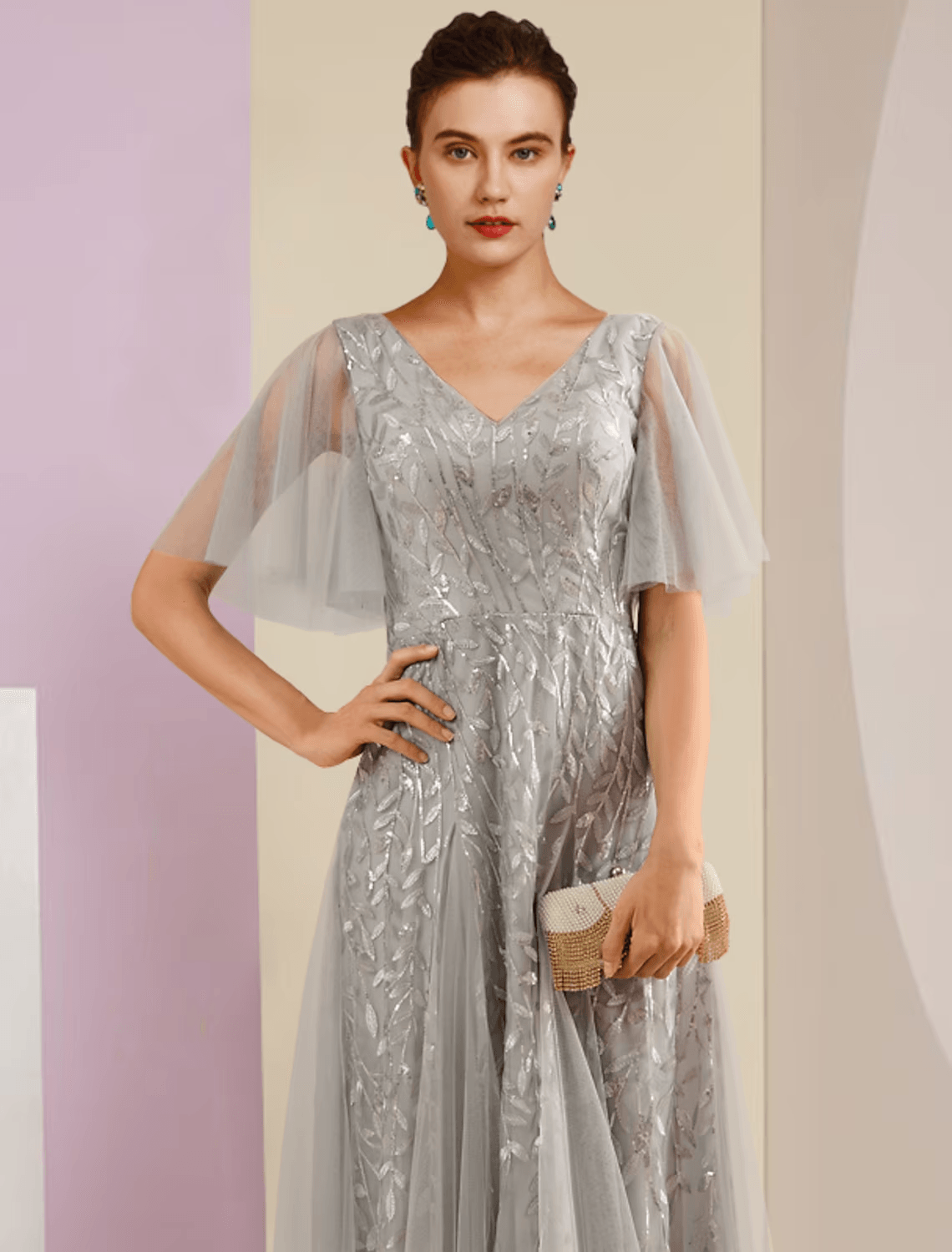 Vestido de festa para mãe da noiva, com brilho e decote em V, comprimento até ao chão, renda, tule, manga curta com pregas e lantejoulas